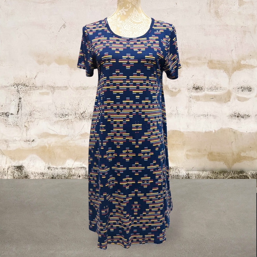 LuLaRoe Elegant Sz SM Carly Swing Dress High-Lo Hem - Abstract Geometric Aztec